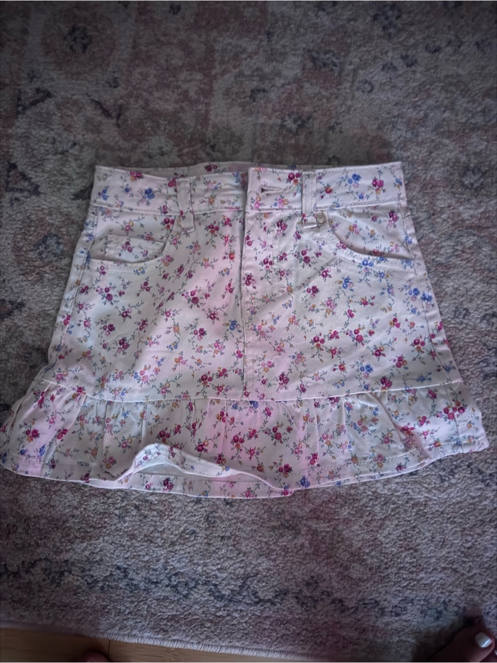 LoveShackFancy kids Cream Mini Skirt with Pink & Blue Floral Print